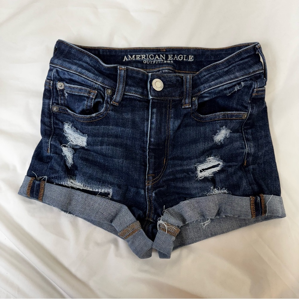 American Eagle Outfitters Women's Distressed Denim Shorts - Dark Blue